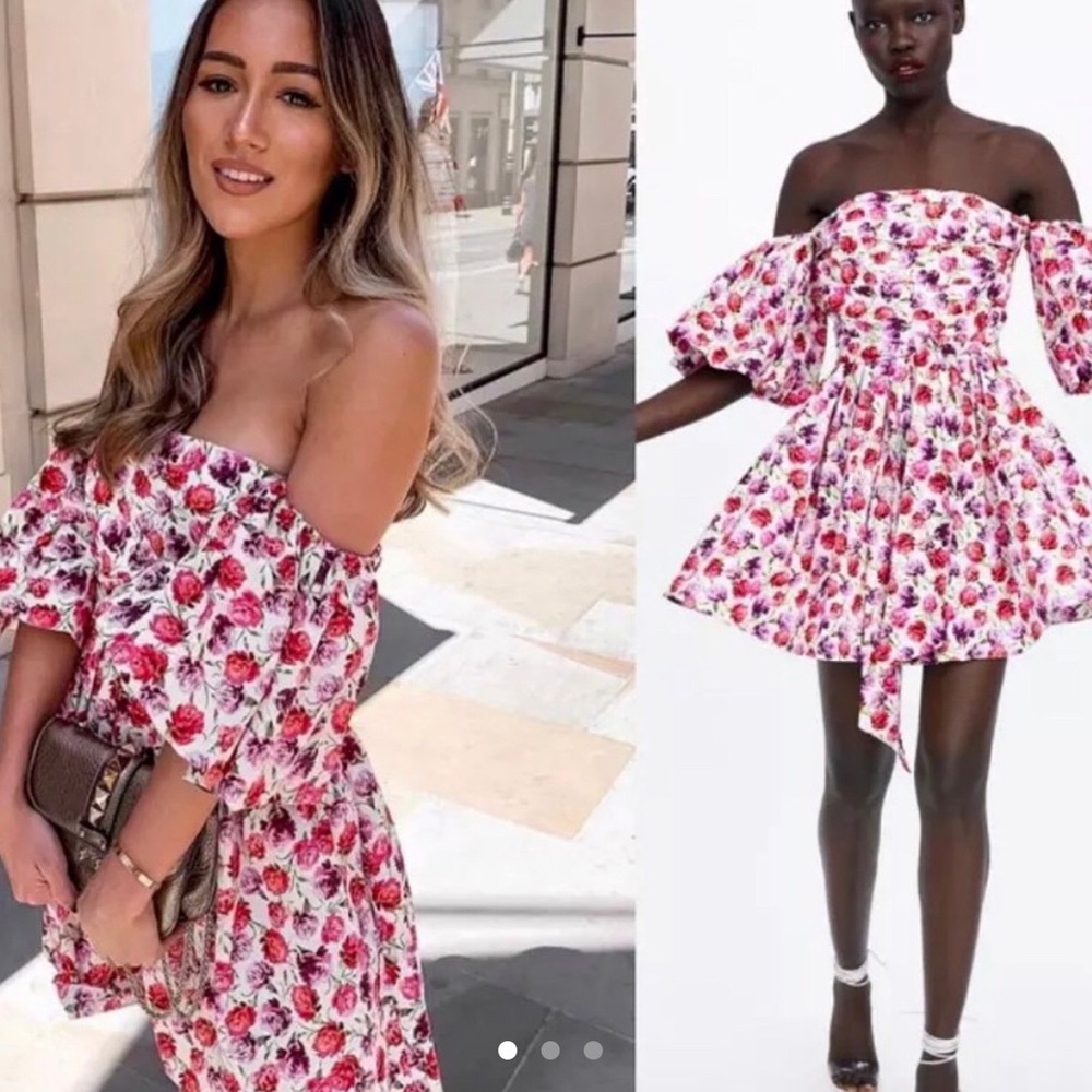 Zara floral print off the shoulder belted dress